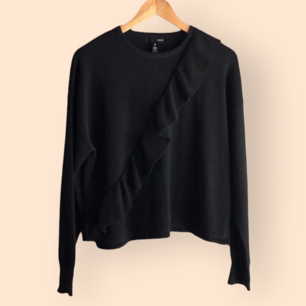 AQUA Bloomingdale’s Black Ruffle Sweater Wool Blend Womens Basic XS Oversized